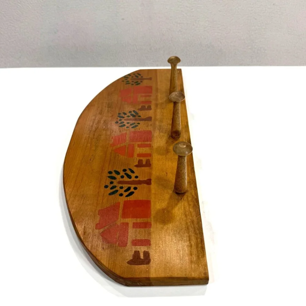 Vintage Country Folk Art Wooden Wall Rack 3 Peg House Tree Stencil Farmhouse